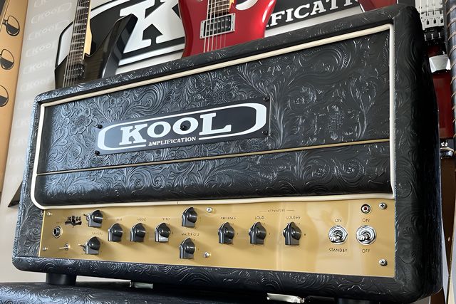 A Kool amplifier head in embossed black tolex with a gold faceplate and the Kool badge